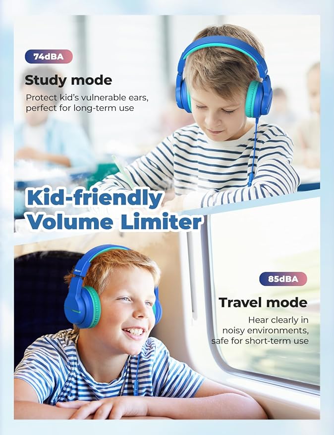 iClever HS19 Kids Headphones with Microphone for School, Volume Limiter 74/85dBA, Over-Ear Girls Boys Headphones for Kids with Shareport, Foldable for iPad/Travel (Navy Blue)