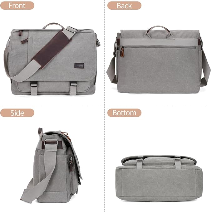 Nerlion Messenger Bag for Men 17-17.3 Inch Laptop Bag Canvas Water-resistant Computer Bag Shoulder Bag Work Briefcase Bookbag for College (Light Gray)