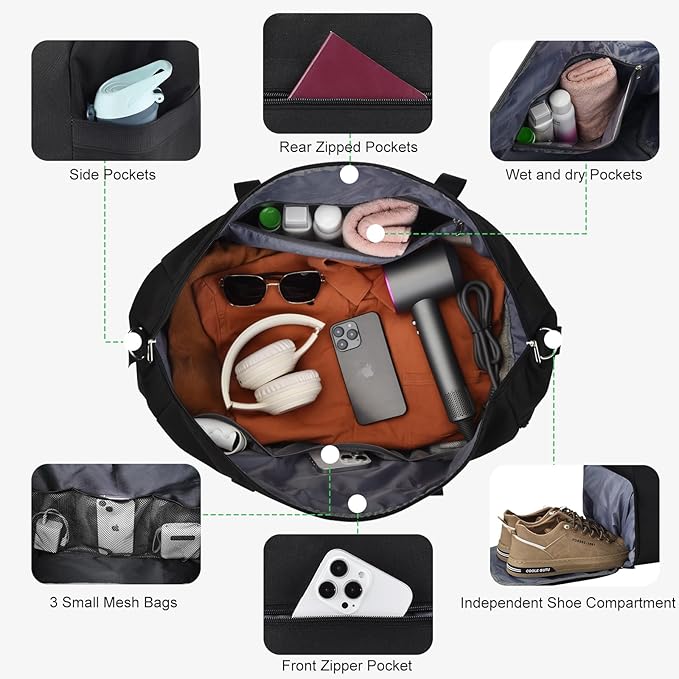 For Spirit Airlines Personal Item Bag 18x14x8, Foldable Small Travel Duffel Bags Gym Duffle Weekender Overnight Carry on Luggage Bag with Wet Pocket & Shoe Compartment for Women Men(Black, 30L)