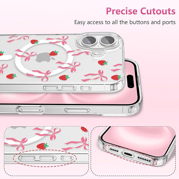 ZTOFERA for iPhone 16 Plus Magnetic Case Clear,Cute Love Heart Ribbon Bow Tie Aesthetic Phone Case,Transparent Trendy Slim Soft Shockproof Protective Phone Cover for Women Girls,Blush