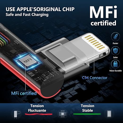 10ft iPhone Charger Cable,3Pack 90 Degree Lightning Cable, [Apple MFi Certified] Long Fast Charging Cord Compatible for iPhone 14/13/12/11/Pro/Max/Mini/X/Plus/8/7/6/Plus/ - Red