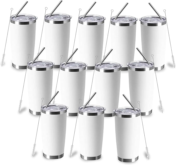20oz insulted tumblers stainless steel cup Tumbler Bulk with push Lid, and metal straw powder coated coffee cup for cold and hot drinking (12, white)