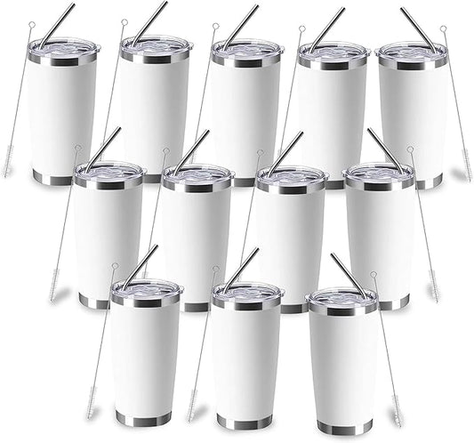 20oz insulted tumblers stainless steel cup Tumbler Bulk with push Lid, and metal straw powder coated coffee cup for cold and hot drinking (12, white)