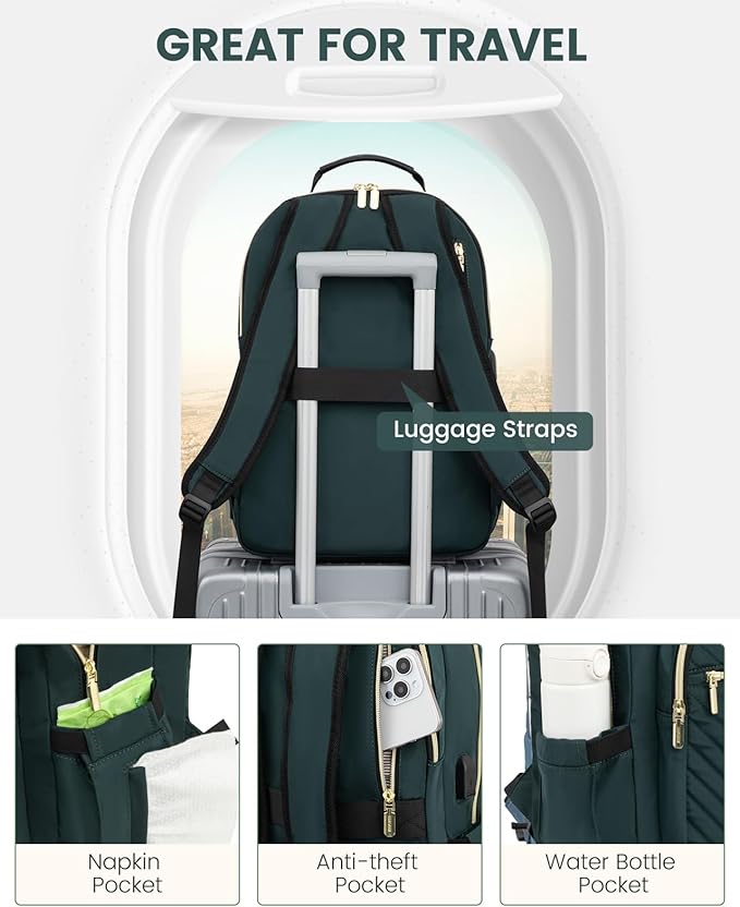 LOVEVOOK Laptop Backpack for Women, Large Capacity Travel Computer Work Bag with 17-inch Laptop Compartment, Business Nurse Backpack Purse, Hiking Outdoor Carry On Backpack, Deepgreen