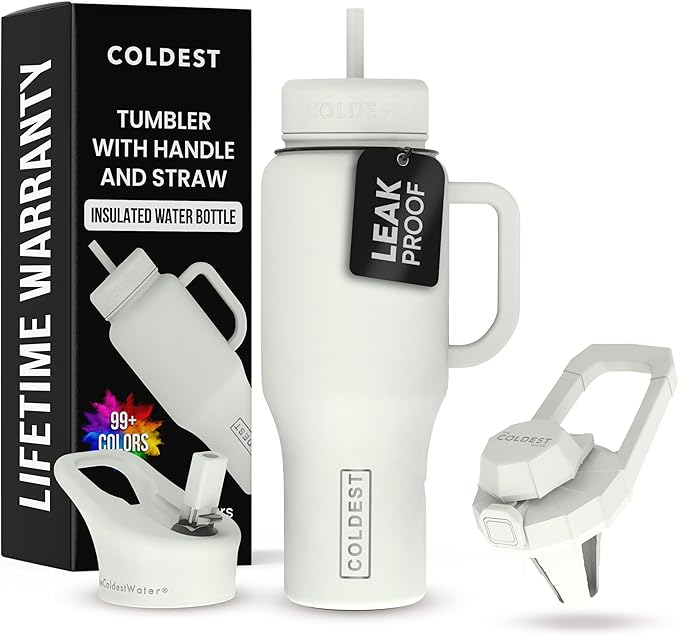 Coldest Tumbler with Handle and Straw - 100% Leak Proof Insulated Tumbler with Lid and Straw (3 Lids) - Stainless Steel Tumblers for Women & Men - Cup Holder Friendly Base, 36 oz (Margarita)