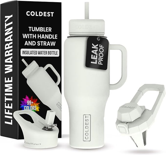 Coldest Tumbler with Handle and Straw - 100% Leak Proof Insulated Tumbler with Lid and Straw (3 Lids) - Stainless Steel Tumblers for Women & Men - Cup Holder Friendly Base, 36 oz (Margarita)