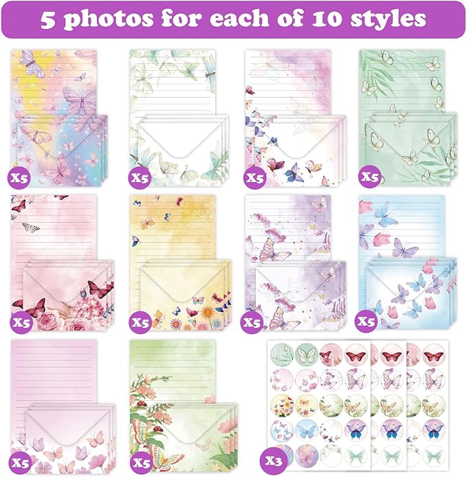 160 Pcs Stationery Paper Envelopes Set Includes 50 Lined Writing Paper & 50 Envelopes with 60 Colorful Round Dot Stickers, Cute Vintage Butterfly Letter Writing and Stationery Paper Envelopes(10Style)
