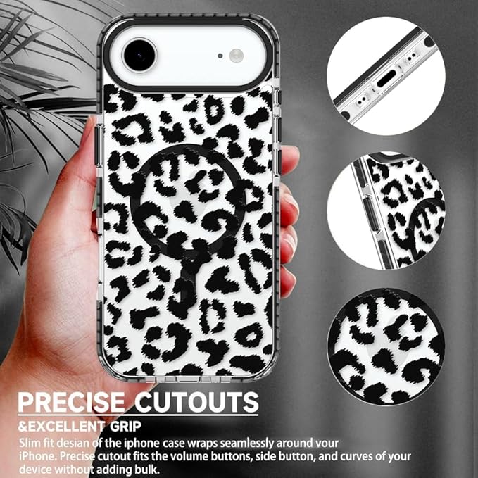 SAKUULO Magnetic for iPhone Air Case with Screen Protector [Compatible with MagSafe] Black Leopard Print Pattern Wireless Charge Strengthen Protection Cover Black Leopard (6.7")