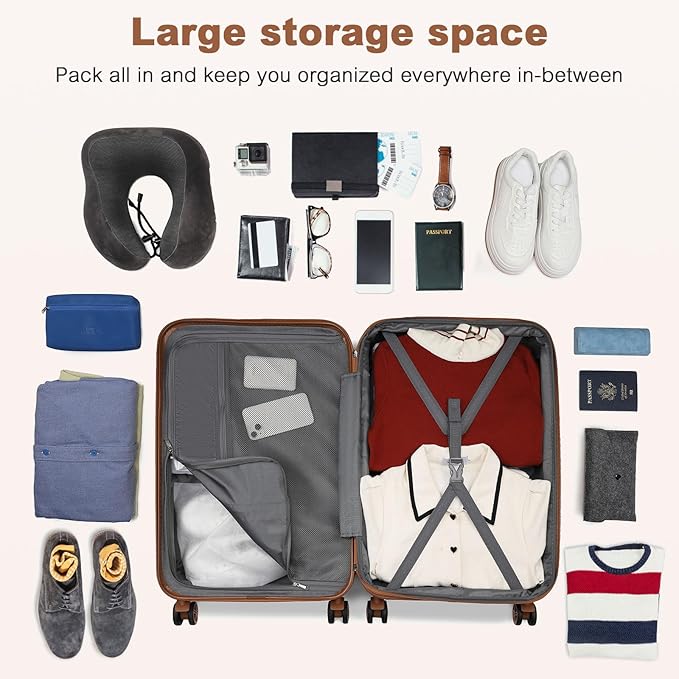 Kono Expandable 28 Inch Large Checked Luggage: ABS+PC Hardside Trolley Travel Case - Hard Shell Suitcase with TSA Lock, Cream - Brown