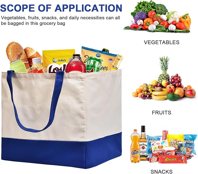 3 Pack Canvas Reusable Grocery Bags Heavy Duty, 8.3 gal Foldable Large Canvas Tote Bag with Handles, Holds 60 lbs Canvas Shopping Bags & Washable Eco-friendly Bags with 5 Pockets, Blue+Off White