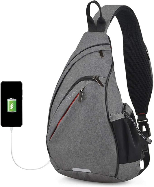 mixi Sling Bag Men Backpack Unisex One Shoulder Bag Hiking Travel Backpack Crossbody with USB Port for Men Women Versatile Casual Daypack-19 inch,Gery