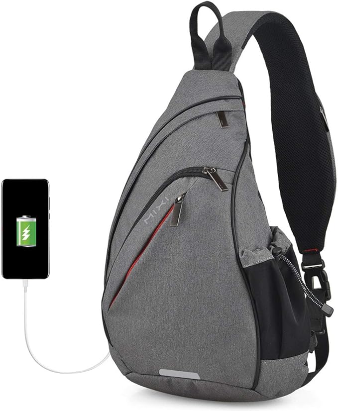 mixi Sling Bag Men Backpack Unisex One Shoulder Bag Hiking Travel Backpack Crossbody with USB Port for Men Women Versatile Casual Daypack-17 inch,Gery