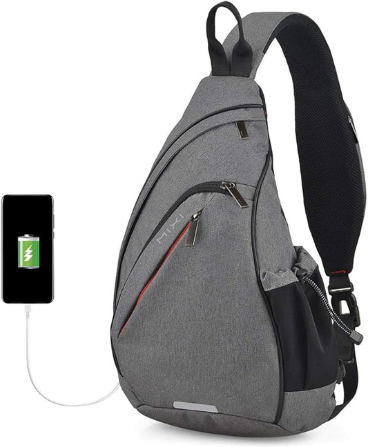 mixi Sling Bag Men Backpack Unisex One Shoulder Bag Hiking Travel Backpack Crossbody with USB Port for Men Women Versatile Casual Daypack-17 inch,Gery