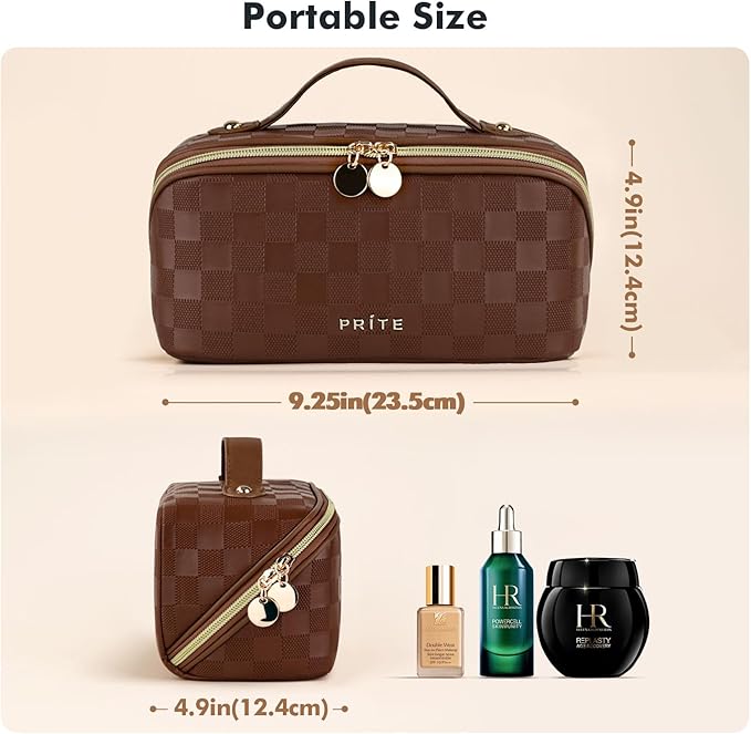 Prite Makeup Bag for Women Travel Waterproof Vegan Leather Cosmetic Bag Open Flat Toiletry Bag With Clear Divider and Handle (Plaid Brown)