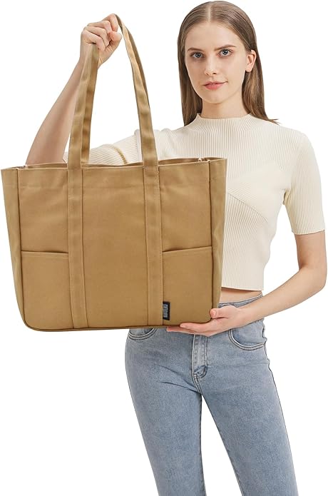 TeeYee Women's 20L Canvas Tote Bag Reusable Multi-Pocket Organizer for Travel Work Gym Shopping Large Shoulder Bag