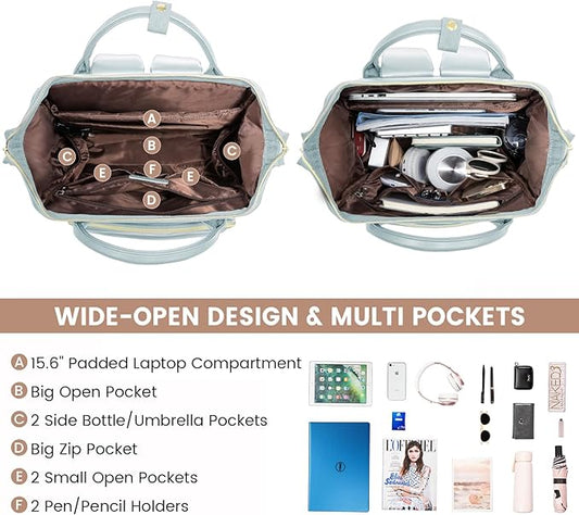 LOVEVOOK Leather Laptop Backpack for Women 15.6 inch,Travel Backpack Purse Nurse Teacher Backpack Computer Laptop Bag,Professional College Business Work Bags Carry On Backpacks with USB Port,Pink Blue