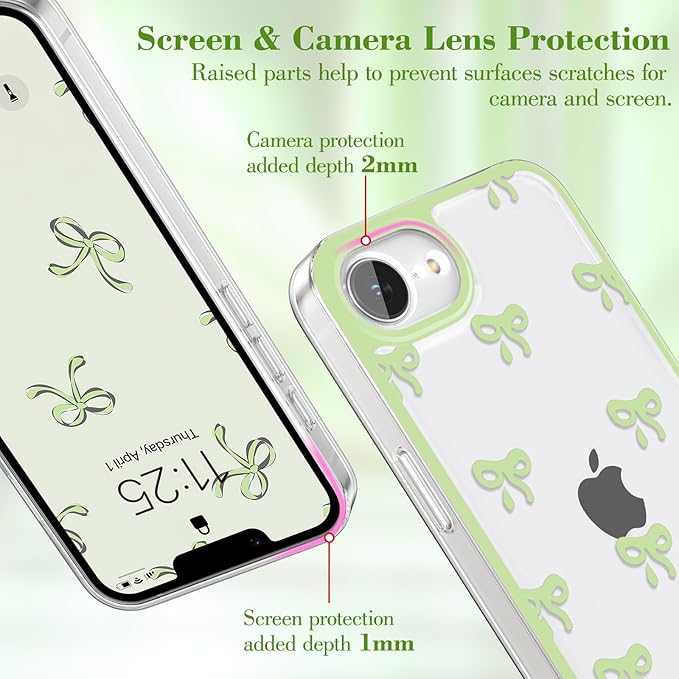EYZUTAK Case for iPhone 16e, Clear Cute Ribbon Bowknot Pattern Aesthetic Transparent Phone Case Raised Camera Protection Stylish Slim Soft Durable TPU Protective Cover for Women Girls - Green
