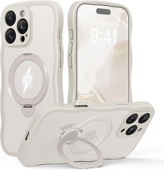 GolbinBox for iPhone 16 Pro Case for Women,[Compatible with Magsafe][360° Spin Magnetic Stand][Cute Wave Edge][Military-Grade Protection] Translucent Matte Phone Case for iPhone 16 Pro, Stone
