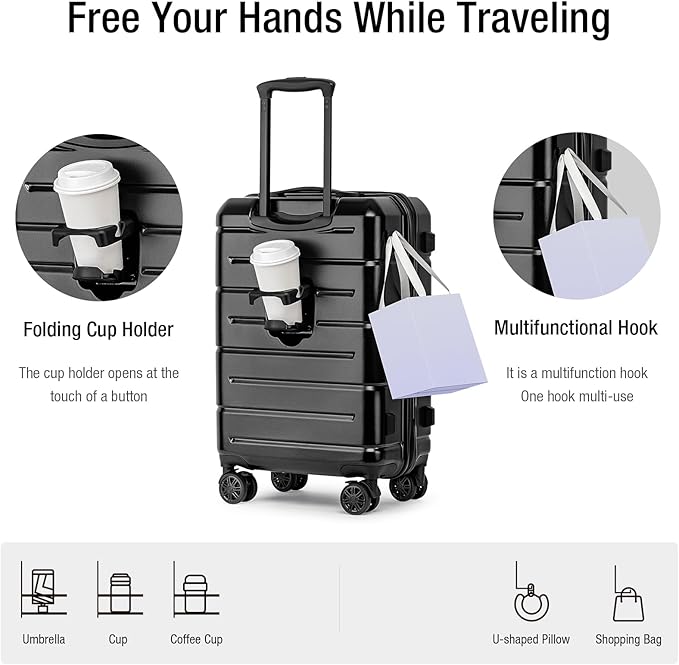 KYME Carry On Luggage 22x14x9 Airline Approved Hard Shell Carry On Suitcase with TSA Lock Hardside Suitcases with Wheels Travel Rolling 22 Inch Luggage with Cup Holder for Men Women Black