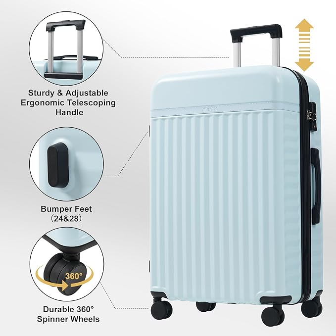 Merax Luggage Sets Front Opening, 2 Piece Hardshell Suitcase with Spinner Wheels and Bags,Lightweight Carry on Luggage with USB Port,20+24,Light Blue