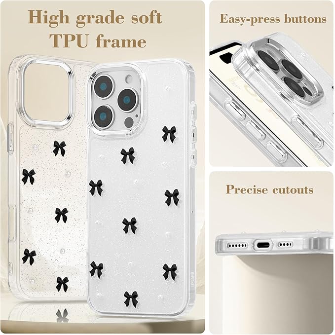 EYZUTAK Case for iPhone 17 Pro Max, Bling Glitter 3D Bowknot Phone Case Cute Sparkly Crystal Clear Bow Aesthetic Cover Slim Soft Durable TPU Transparent Protective Cover for Women Girls - Black Bow