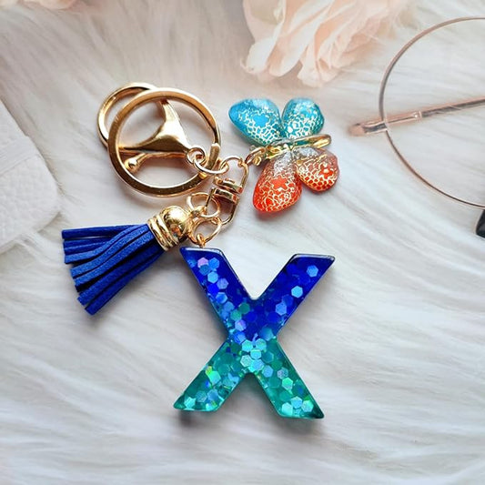 Cute Initial Letter Keychains for Women Girls Tassel Butterfly Pink Purple Green Keychain for Backpack School Bag