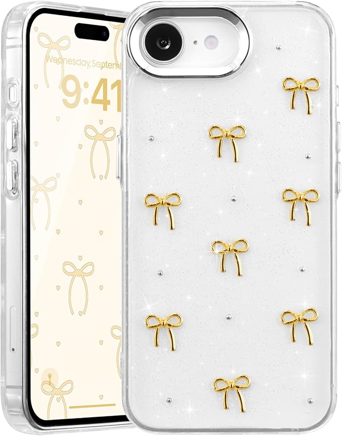 EYZUTAK Case for iPhone 16e, Bling Glitter 3D Bowknot Phone Case Cute Sparkly Crystal Clear Bow Aesthetic Design Cover Slim Soft Durable TPU Transparent Protective Cover for Women Girls - Gold Bow