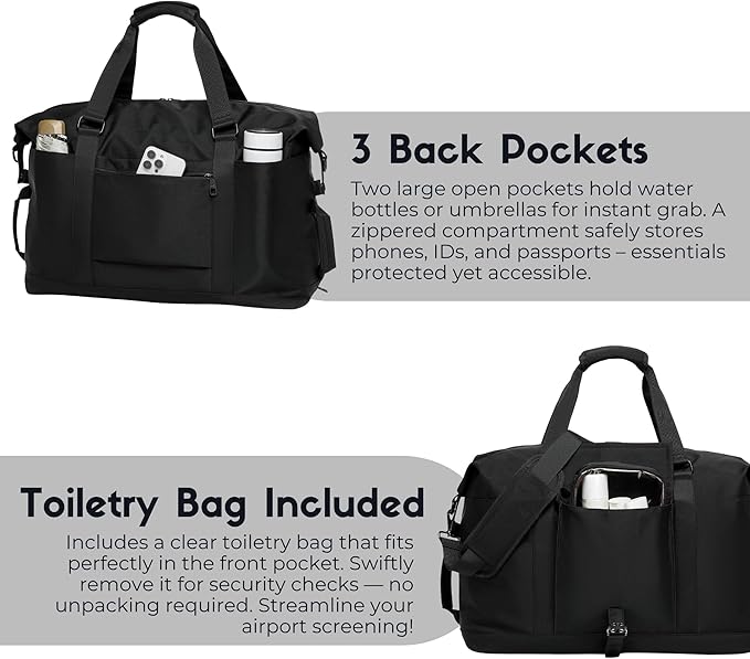 SUNNY BIRD Duffel with Utility Pouch, 40L Weekender Overnight Bag with Shoe Compartment for Travel and Sports (Black)