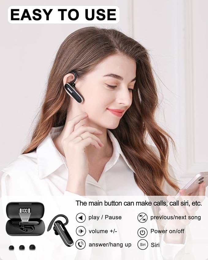 Bluetooth Earpiece for Cell Phones, V5.1 Wireless Headset Handfree with Battery Charging Case Built-in Microphone for iPhone Android Driver/Business/Office
