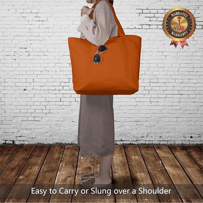 TOPDesign 1-Pack Canvas Tote Bags with an External Pocket, Reusable Grocery Shopping Bags, Top Zipper Closure, Daily Essentials (Orange)