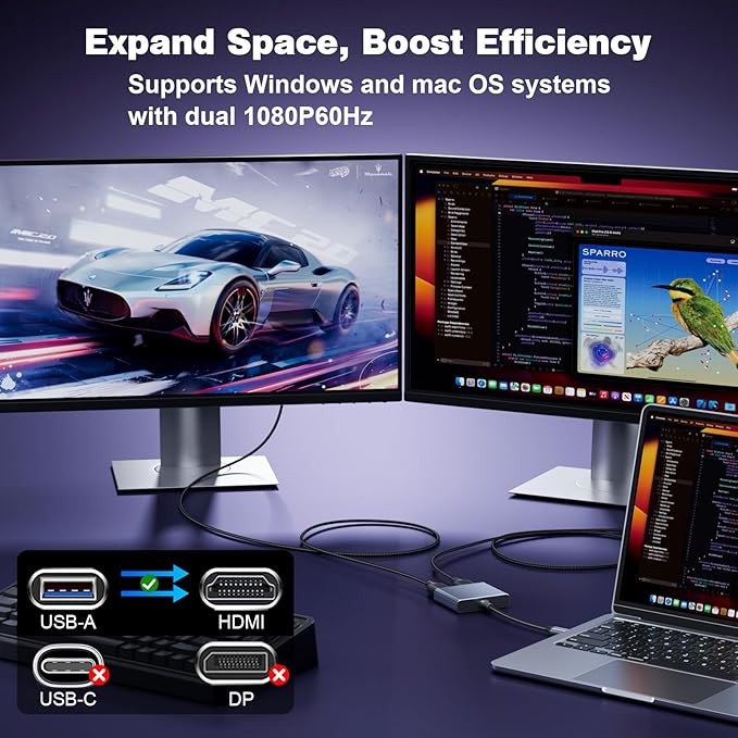 USB to HDMI Adapter,[Gold-Plated & Aluminum Shell] USB 3.0 to Dual HDMI for Dual Monitors,USB A to HDMI Splitter Support Windows,macOS - Driver Installation Required