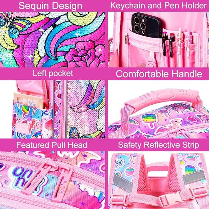 3PCS Unicorn Backpack for Girls, 16" Sequins Bookbag with Lunch Box，Kids School Bags for Elementary Preschool Kindergarten (Pink)