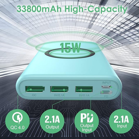 Wireless Portable Charger Power Bank,33800mAh 15W Fast Wireless Charging 25W PD QC 4.0 USB-C Power Bank,5 Output & Dual Input External Battery Pack Compatible with iPhone 16/15/14/13,Android etc-Green