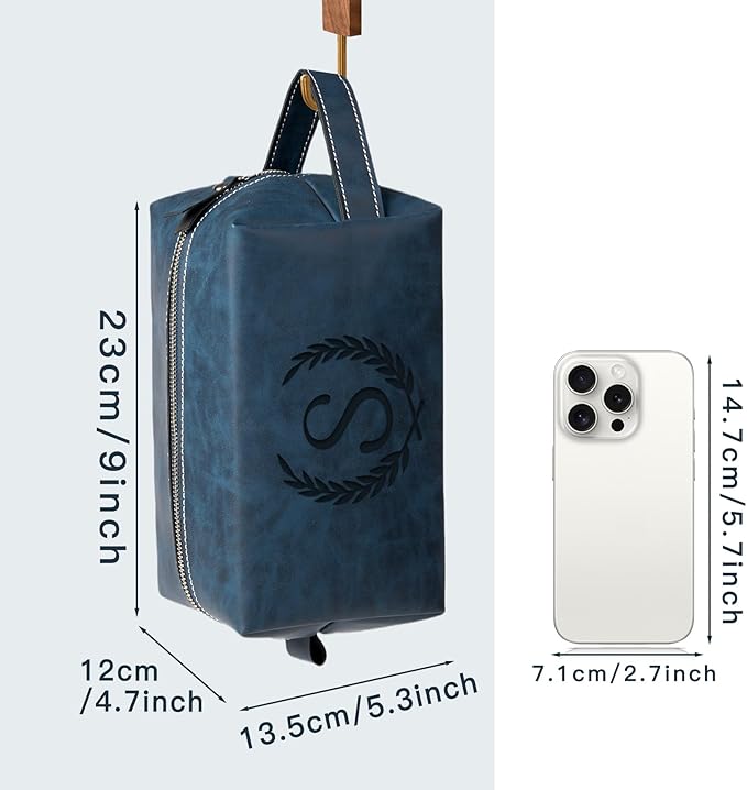 Personalized Gifts Travel Toiletry Bag for Men Engraved Initial PU Leather Waterproof Shaving Bag for Toiletries Accessories Fathers Day Birthday Gift for Men Dad Husband Son, Dark Blue K