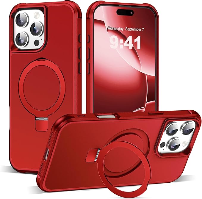 Compatible with iPhone 16 Pro Case with Invisible Magnetic O-Ring Stand Military-Grade Case for iPhone 16 Pro 6.3" [Compatible with Mag-Safe][Great Grip Feeling], Red