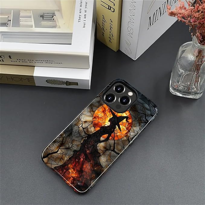 Case for iPhone 12 12 Pro Case,Halloween Witch Moon Stained Glass Design Hybrid Dual Protection Silicone + Hard PC Shockproof Full Body Cover,Slim Anti-Scratch Protective for Men Women
