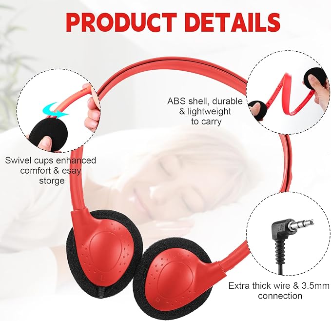 Konohan 30 Pack Kids Headphones Bulk for School Classroom Student Wired Headphones Adjustable with 3.5 mm Jack for Kids Adults(Red)