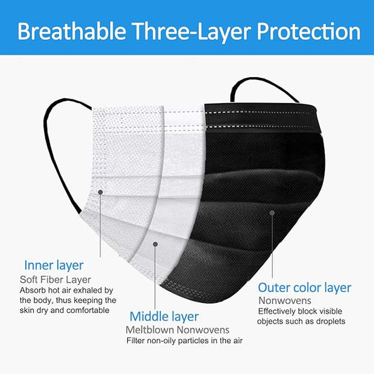 100PCs Black Disposable Face Mask 3-Ply Breathable & Comfortable Safety Mask, Protective Masks for Home, Office, School and Outdoors