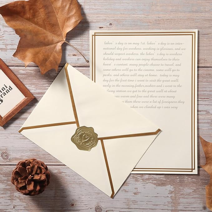 50 Pack Stationery Set with Gold Border, A6 Envelopes and 6x8 Paper Sheets and Stickers for Writing Letters (Cream Color, 6x8 Inches)