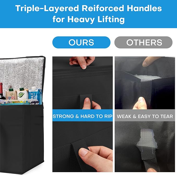 JUNGYOON S Insulated Grocery Bags and Cooler Bag for Food Delivery Bag, Collapsible Cooler, Reusable Shopping Bags for Groceries with Zipper Top, Heavy Duty, Stands Upright(Black)