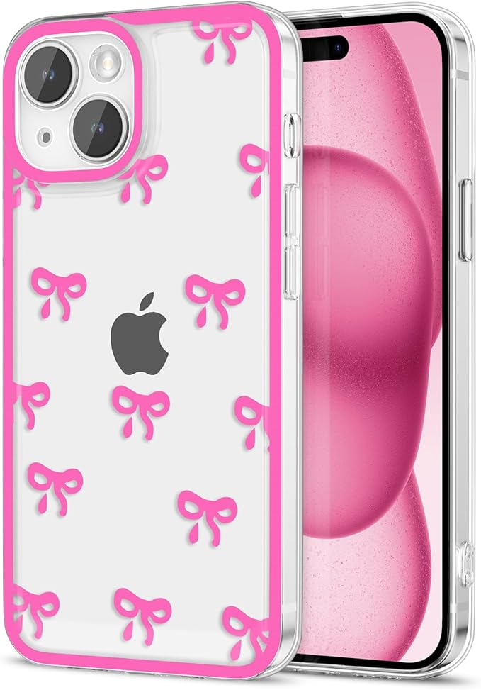 EYZUTAK Case for iPhone 14, Clear Cute Ribbon Bowknot Pattern Aesthetic Transparent Phone Case Raised Camera Protection Stylish Slim Soft Durable TPU Protective Cover for Women Girls - Rose Red