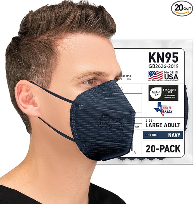 BNX KN95 Face Masks Made in USA (Adult Large, Adult Medium, Kids Small) (Earloop) (Model: E95/E95M/E95S)