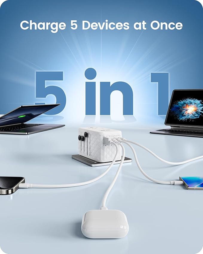 LENCENT 140W International Travel Adapter, GaN Universal Travel Adapter with 1 USB-A & 3 Type C Power Adapter, Fast Charger for Phone,Laptops, Worldwide Plug Adapter for USA/UK/EU/AUS, White