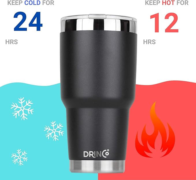 Drinco - 30 oz Stainless Steel Tumbler | Double Walled Vacuum Insulated Mug With Lid, 2 Straws, For Hot & Cold Drinks (30oz, 30oz Black), 1 Count (Pack of 1)