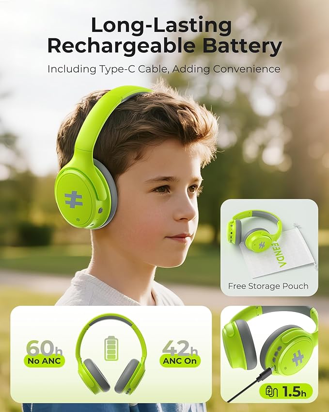 seenda Kids Wireless Active Noise Cancelling Headphones, 60H Playtime, Safe Volume (74/85/94dB), Bluetooth 5.4, Type-C Foldable Headphones with Mic for School, iPad, Airplane, Travel, Green