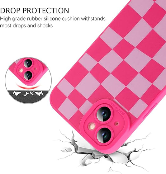 ZIYE for iPhone 14 Case Hot Pink Grids Plaid Checkerboard Pattern Phone Case with Camera Protection,Soft TPU Silicone Rubber Protective Cover Grid Checkered Chess Design Cases