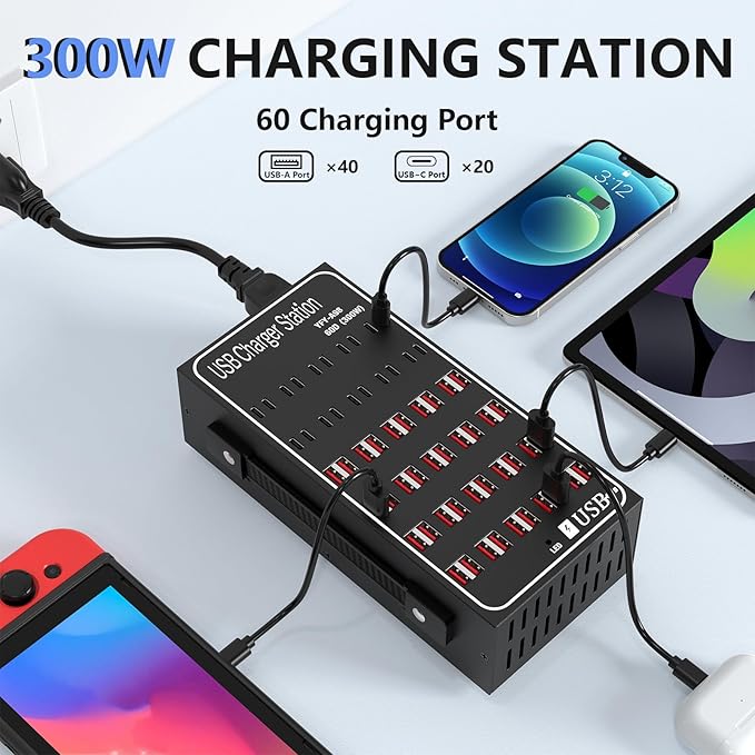 Multiple USB Charging Station, RUANSZZ 60 Port 300 Watt (60A) USB~C Charger Block with Power Switch, Multiple USB Desktop Charger Station, Suitable for Shops, Hotels, Schools, Shopping malls