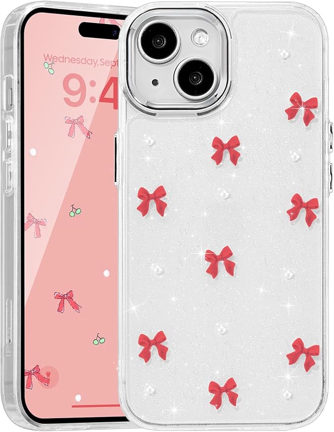 EYZUTAK Case for iPhone 14 Plus, Bling Glitter 3D Bowknot Phone Case Cute Sparkly Crystal Clear Bow Aesthetic Design Case Slim Soft Durable TPU Transparent Protective Cover for Women Girl - Red Bow