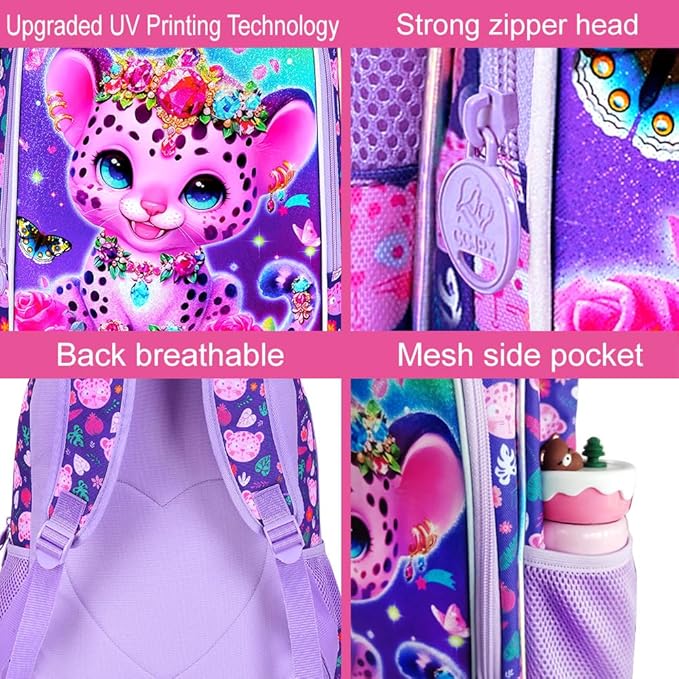 3Pcs Girls Backpack, 16" Kids Bookbag with Lunch Box，Leopard School Backpacks for Elementary Preschool Kindergarten (Purple)