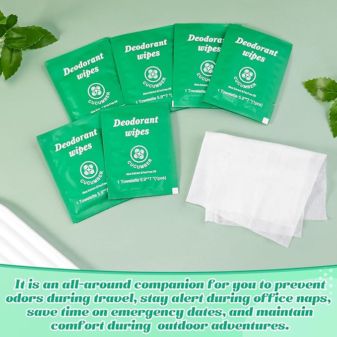 Travel Deodorant Wipes Individually Wrapped,Body Wipes to Clean Skin for Women Men（Cucumber,pack of 100)